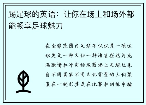 踢足球的英语：让你在场上和场外都能畅享足球魅力