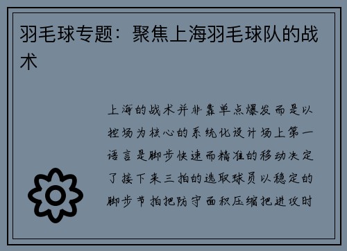 羽毛球专题：聚焦上海羽毛球队的战术